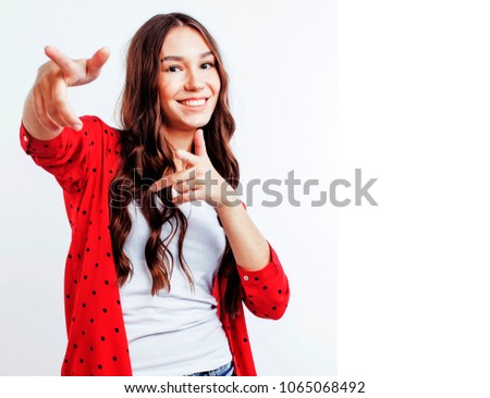 young pretty stylish hipster girl posing emotional isolated on white