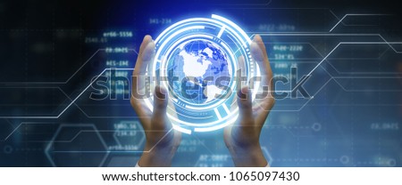 Close up cropped photo of male hands holding virtual circle button with globe icon. Futuristic background. Worldwide connection, innovations, multimedia, and future techologies concept.