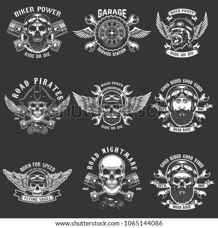 Set of biker club emblem templates. Vintage motorcycle labels. Design element for logo, label, emblem, sign. Vector illustration