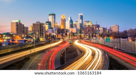 Minneapolis downtown skyline in Minnesota, USA at sunset Royalty-Free Stock Photo #1065163184