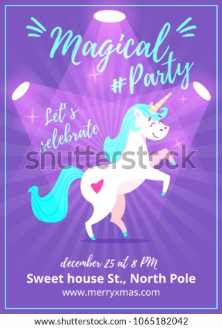 Vector cartoon style party poster template with happy dancing unicorn on violet background. Magical party text.