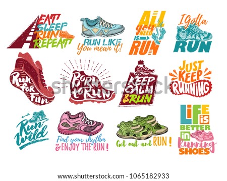 Run lettering on running shoes vector sneakers or trainers with text signs for typography illustration set of runners inscriptions run for fun isolated on white background Royalty-Free Stock Photo #1065182933
