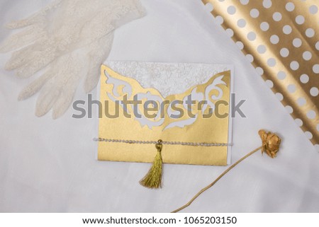 mockup card with golden elements. invitation card with environment and details Mockup with postcard on white background with copy space