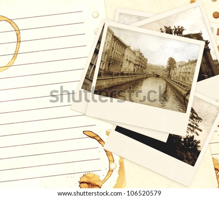 Grunge background with old notebook pages and photos