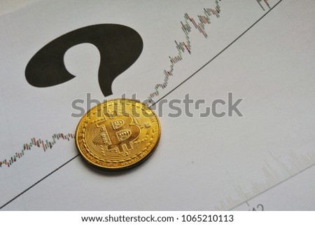 A golden bitcoin with graph and question background. Bitcoin price rise abstraction. Trading concept of crypto currency.