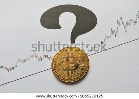 A golden bitcoin with graph and question background. Bitcoin price rise abstraction. Trading concept of crypto currency.