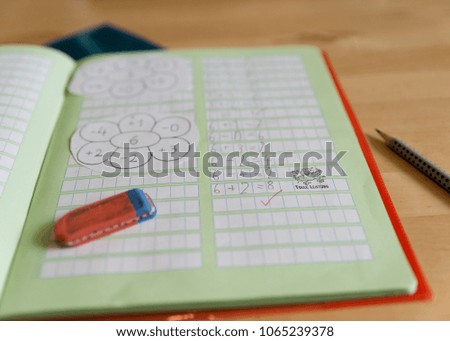 school book form the first class, exercise book, add number, ecucation, homeschooling