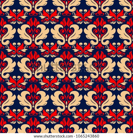 Floral seamless background. Red and beige flower elements on blue background for wallpapers, textile and fabrics