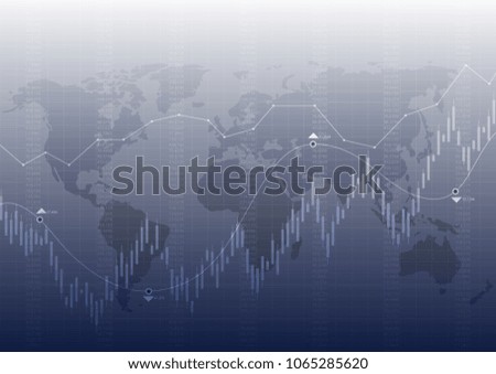 Abstract financial chart with uptrend line graph on blue color background with world map.