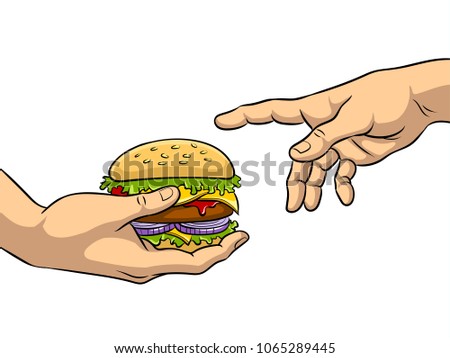 Hands with burger pop art retro raster illustration. Isolated image on white background. Comic book style imitation.