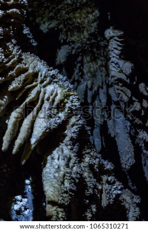 Bizarre, fantastic, strange shapes Nature has been forming for centuries: 
colourful stalagmite, stalactites, stalagnates, dendrites, rocks. Uhlovitsa cave, Rodopi mountain, Bulgaria