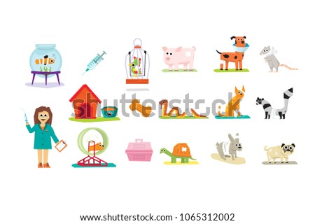 Professional vet doctor and domestic animals set, veterinary care vector Illustrations on a white background