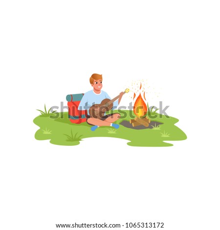 Young man playing guitar sitting next to bonfire, traveling, camping and relaxing concept, summer vacations vector Illustration on a white background