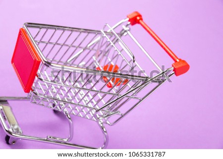 Empty shopping cart on the lilas background