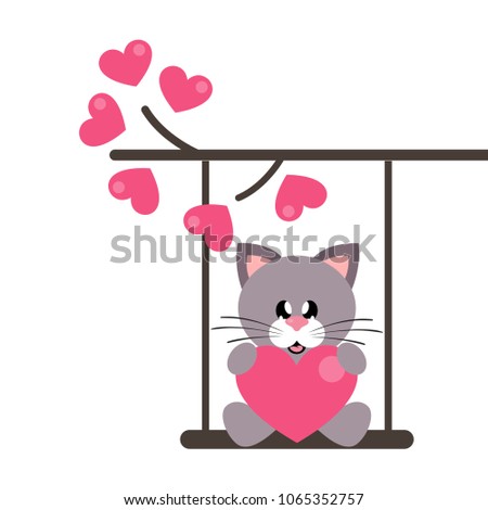 cartoon cute cat with heart on a swing and on a lovely branch