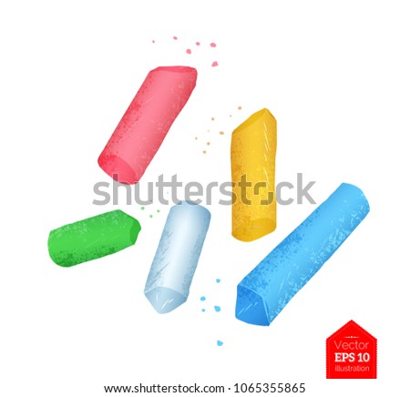 Top view vector illustration of color chalk pieces with crumbs isolated on white background. Royalty-Free Stock Photo #1065355865