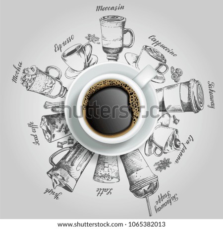 Vector realistic top view cup of coffee with hand drawn doodle coffee drinks around it. Sketch vintage coffee background.