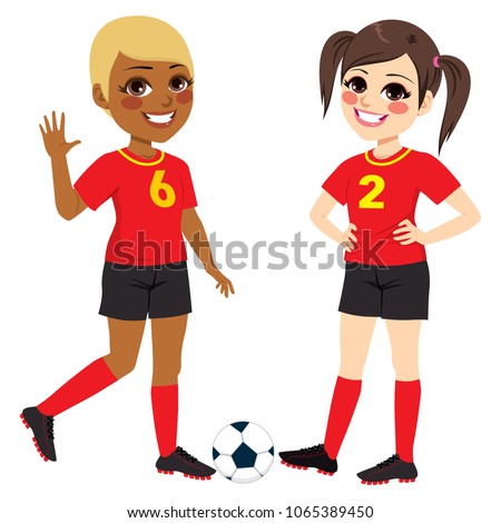Two beautiful diverse soccer player teenager girls with black and red uniform