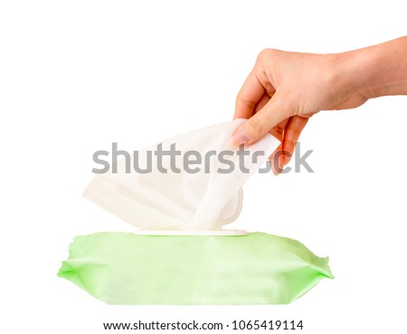 Hand picked a baby wet wipes, tissue box in package box isolated white background, with clipping path. Royalty-Free Stock Photo #1065419114