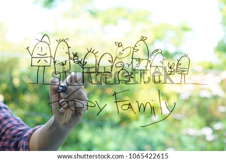 Hand drawing sketches of happy family on the glass green bokeh background. Togetherness ideas concept