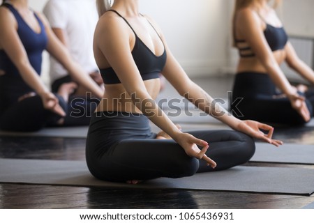 Group of young sporty people practicing yoga lesson, doing Padmasana exercise, Lotus pose, working out, students training in sport club, studio close up view photo. Healthy, mindful lifestyle concepts Royalty-Free Stock Photo #1065436931