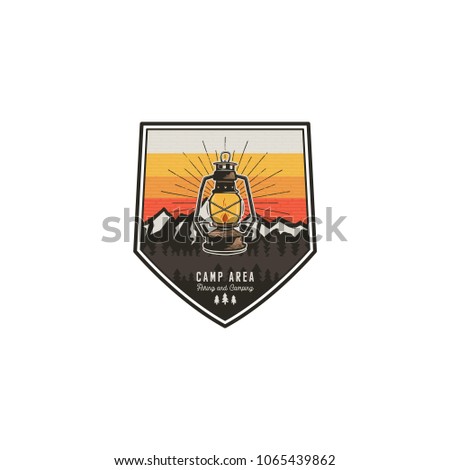 Camping and hiking vintage badge. Mountain explorer label. Outdoor adventure logo design with lantern. Travel and hipster vintage badge. Wilderness camping emblem. Stock vector patch.
