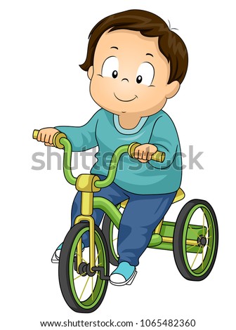 Illustration of a Kid Boy Riding a Green Trike Bicycle