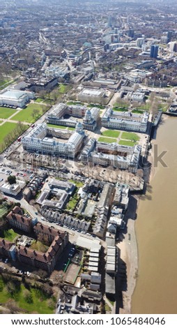 Aerial bird's eye view photo taken by drone of iconic Greenwich University and Greenwich Park, London, United Kingdom