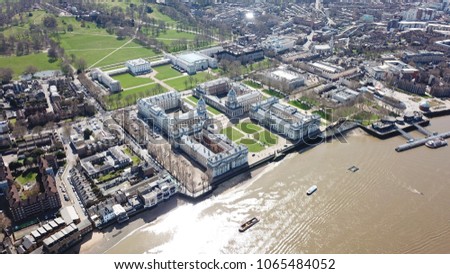 Aerial bird's eye view photo taken by drone of iconic Greenwich University and Greenwich Park, London, United Kingdom