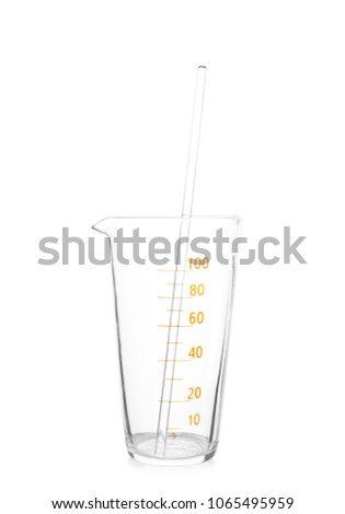 Glass beaker and pipette on white background