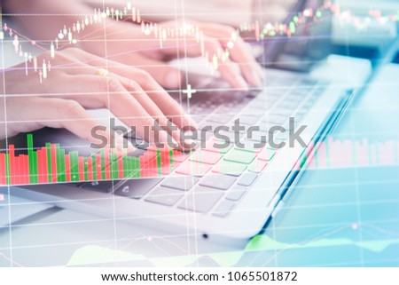 Double exposure yong businessmen calculate about cost and stock market or forex graph suitable for financial investment.