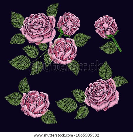 Embroidery pattern texture, wallpaper, background with beautiful roses. Vector floral ornament on black background. Template for printing, textiles, design. Patch, badge sticker