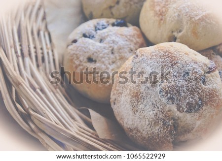 raisin scone topped with icing sugar in the basket basket background.
