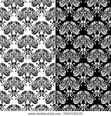 Black and white floral backgrounds. Set of seamless patterns for textile and wallpapers
