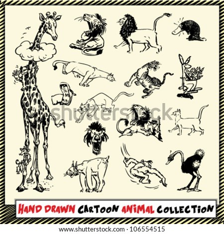 Hand drawn cartoon animal collection in black on light yellow background