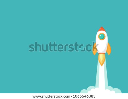 Rocket ship with fire and clouds. Isolated on powder blue. Flat icon. Vector illustration with flying shuttle. Space travel. Space rocket launch. New project start up concept. Creative idea.