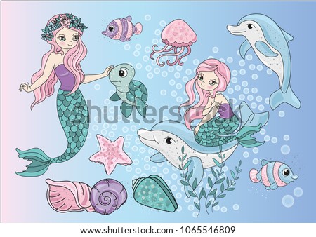 Sea Clipart MERMAIDS Color Vector Illustration Blue Sea Ocean Underwater Magic Fairyland Cartoon Beautiful Princess Dolphin Jellyfish Gold Glitter Scrapbooking Print Card Album Photo Babybook Royalty-Free Stock Photo #1065546809