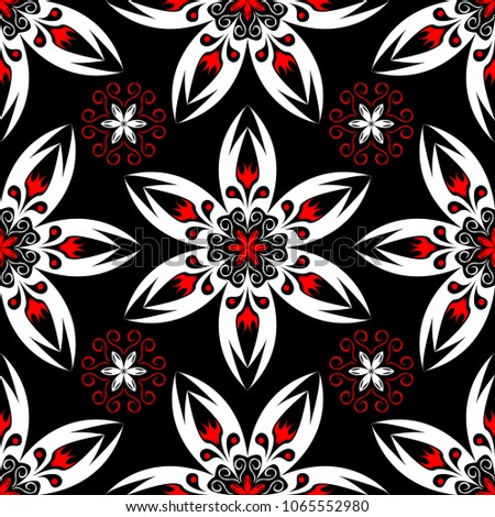 Seamless floral pattern. Red and white elements on black background.