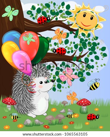 Forest landscape, cartoon illustration with ladybirds, mushrooms, mushrooms, sun, hedgehog, sleepy, unhappy owl, butterflies