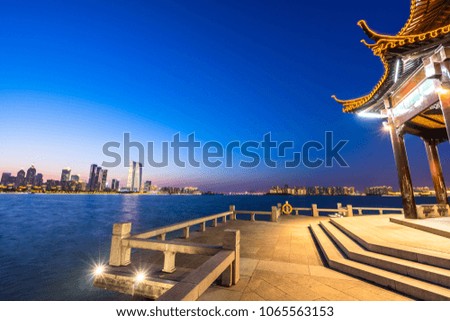 pavilion with panoramic cityscape in suzhou china