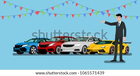 A happy businessman, salesman is standing and present  his vehicles and super car for sell or rent that parked in the shop.Vector illustration design. Royalty-Free Stock Photo #1065571439