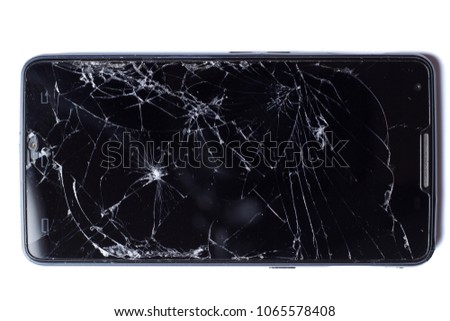 Broken smartphone screen. On white.
