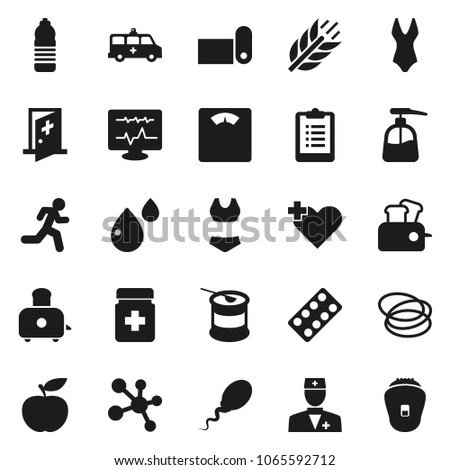 Flat vector icon set - liquid soap vector, toaster, diet, scales, clipboard, swimsuite, sports nutrition, molecule, water bottle, fitness mat, cereals, hoop, run, heart cross, doctor, pills, blister
