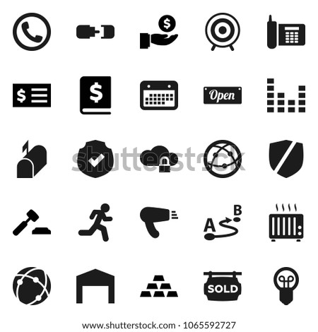 Flat vector icon set - investment vector, auction, annual report, receipt, gold ingot, target, run, phone, calendar, protected, route, equalizer, internet, connection, cloud lock, barn, mailbox