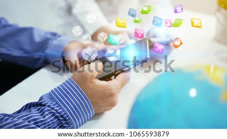 Global network with icons interface on screen, Social media concept                                         