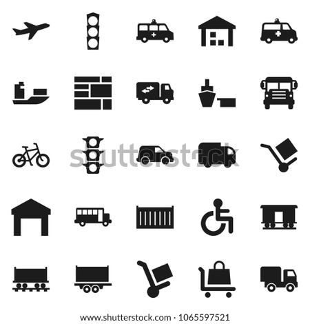 Flat vector icon set - school bus vector, bike, Railway carriage, plane, traffic light, ship, truck trailer, sea container, car, port, consolidated cargo, warehouse, disabled, amkbulance, relocation