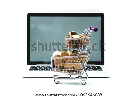 Laptop and Shopping cart full of Taiwan Coin