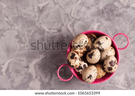 One pink metal rural basin with handles full of spotted fresh quail eggs on old broken worn gray cement floor with copy space