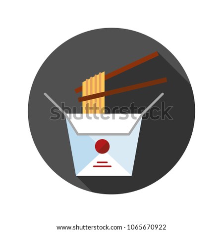 Chinese noodles in paper box and chopsticks flat design long shadow color icon. Wok noodles. Vector silhouette illustration