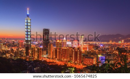 Cityscape of Taipei skyline during sunset twilight, Taiwan